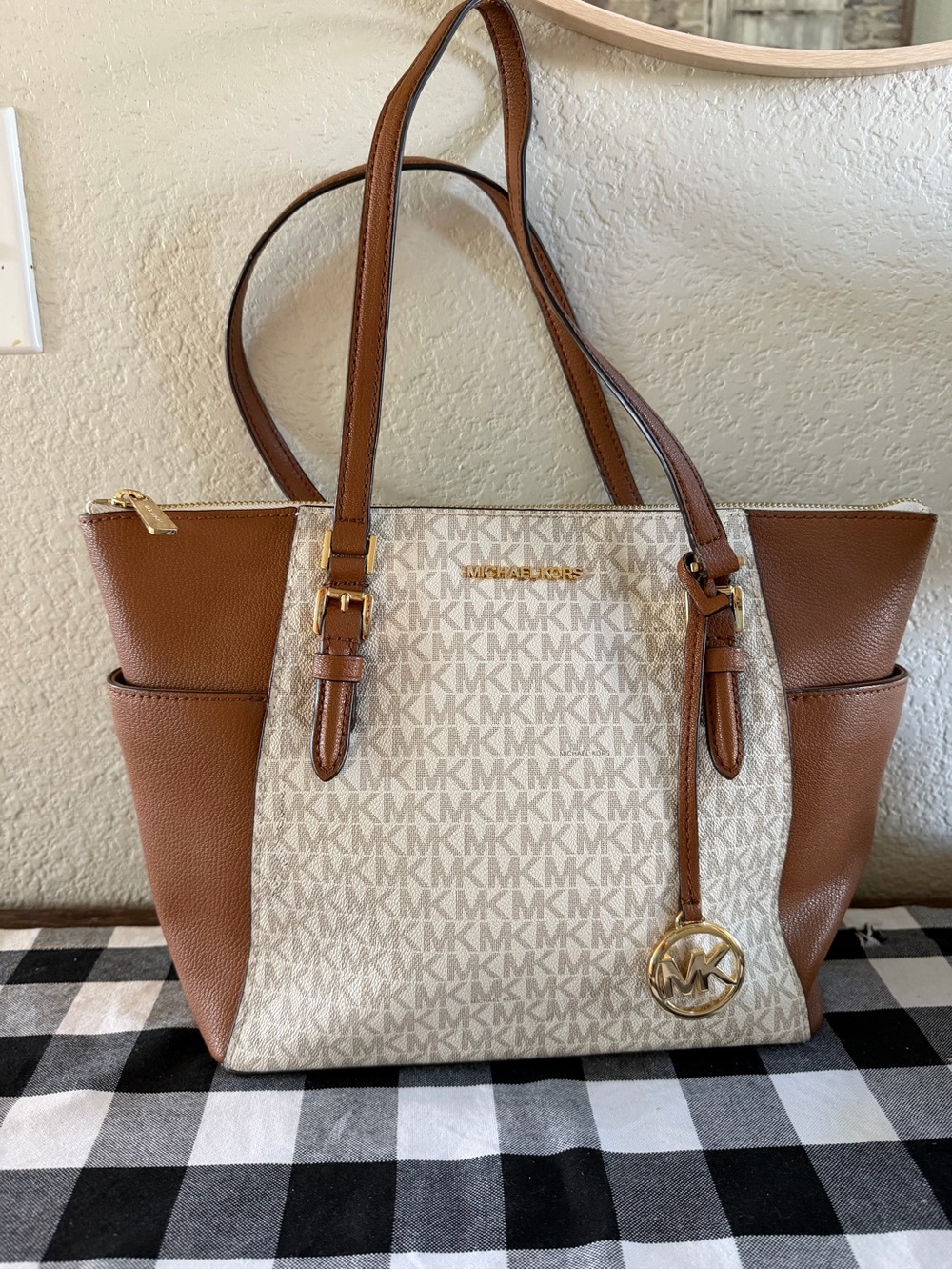 Michael Kors Cream and Brown MK Monogram Tote with Gold Hardware
